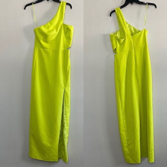AIDAN Aidan Mattox Gown Women 6 Neon Green One Shoulder Sheath Cut Out High Slit - Picture 1 of 11